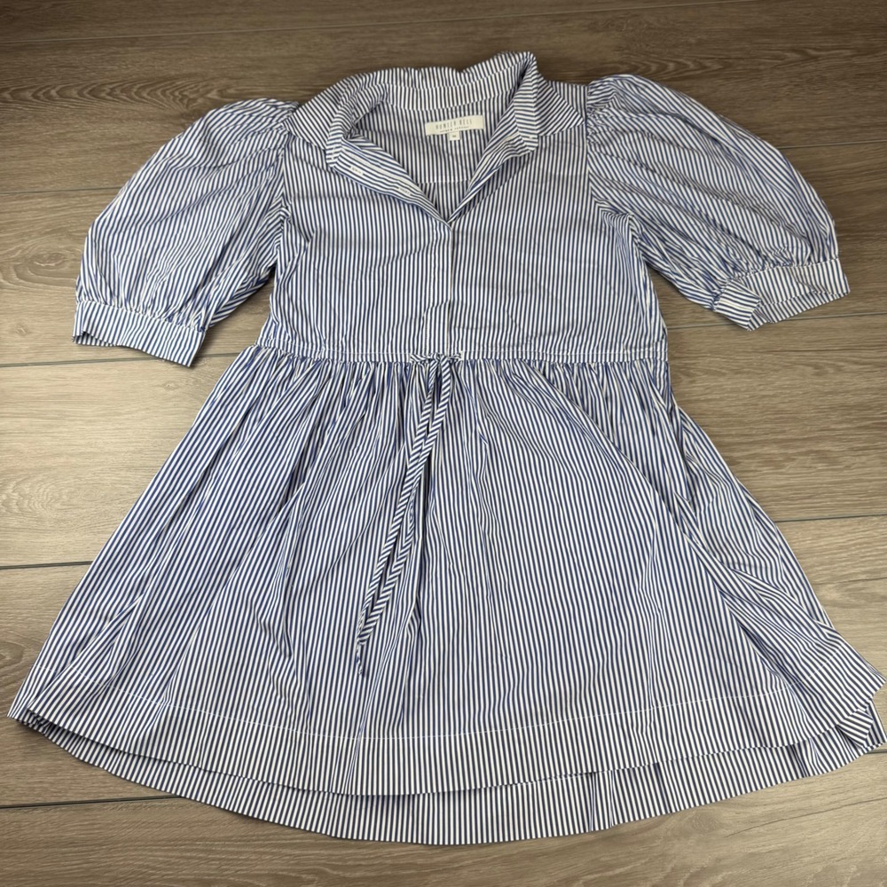 Hunter Bell Womens Dress Puff Sleeve Striped Cotton Blend Blue White Size M